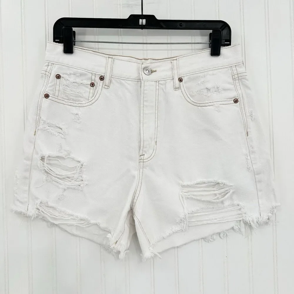 American Eagle Shorts 10 90s Boyfriend High Rise White Denim Distress Grunge EUC